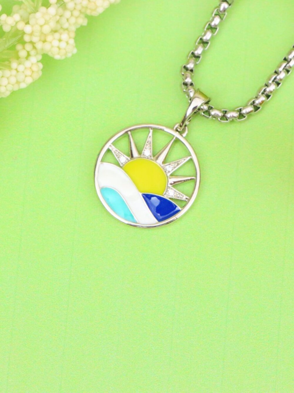 Round Silver Pendant with Colorful Sun and Wave Enamel Design, XPPT1867 - Picture 8 of 11